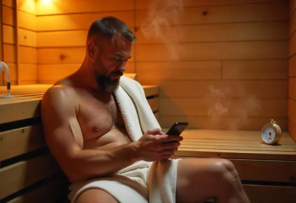 person using phone in a sauna