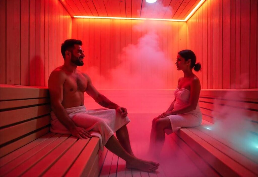 couple seating on the steam room